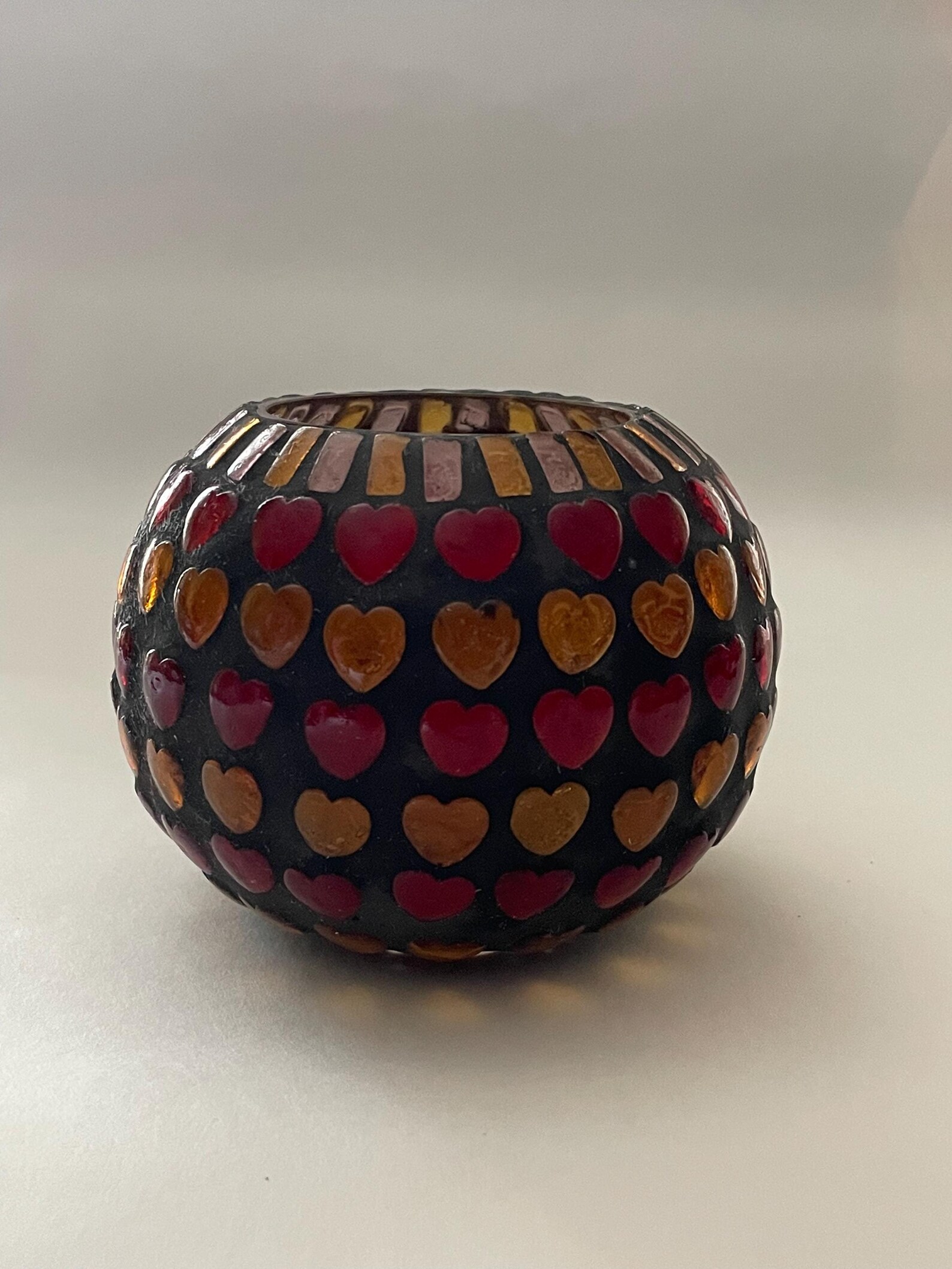 Multicolored Red and Orange Hearted Glass Candleholder