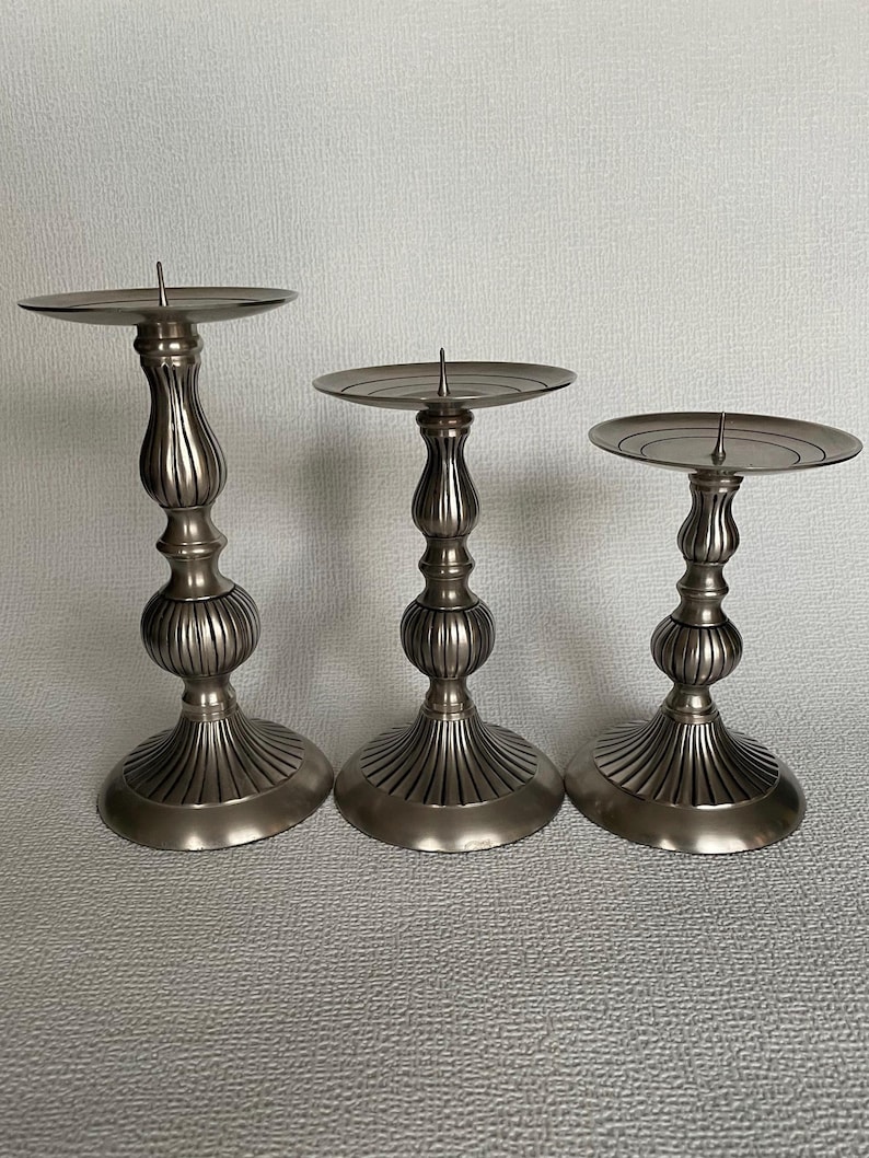 Silver Brass Pillar Candleholders with Round Plate Tops