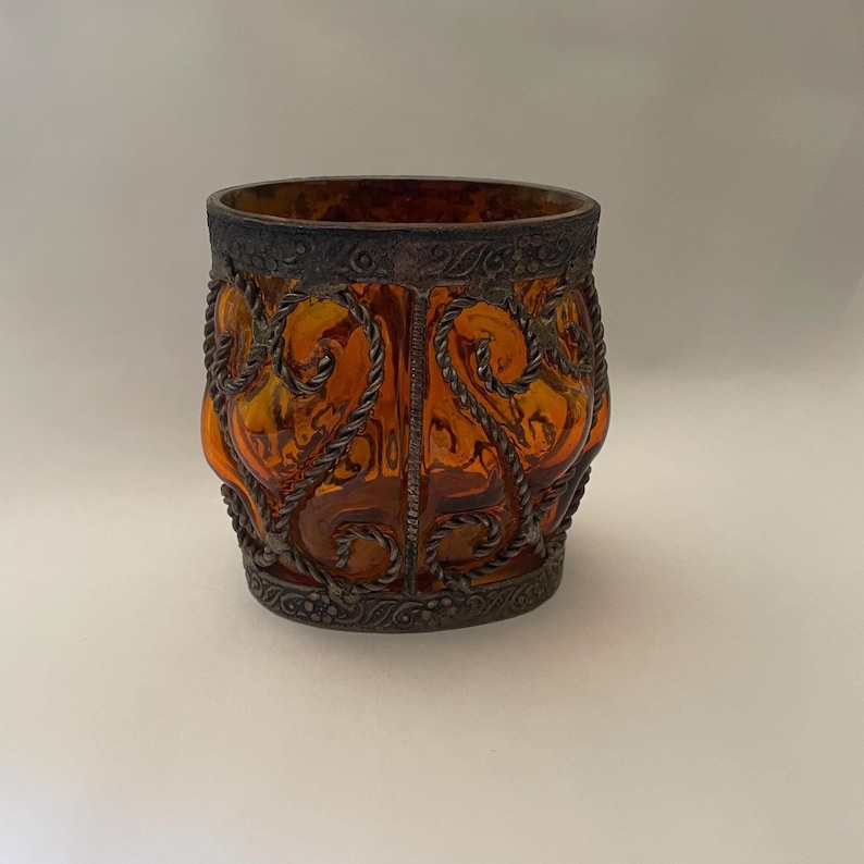 Vintage-Style Brass Amber Glass Candleholder